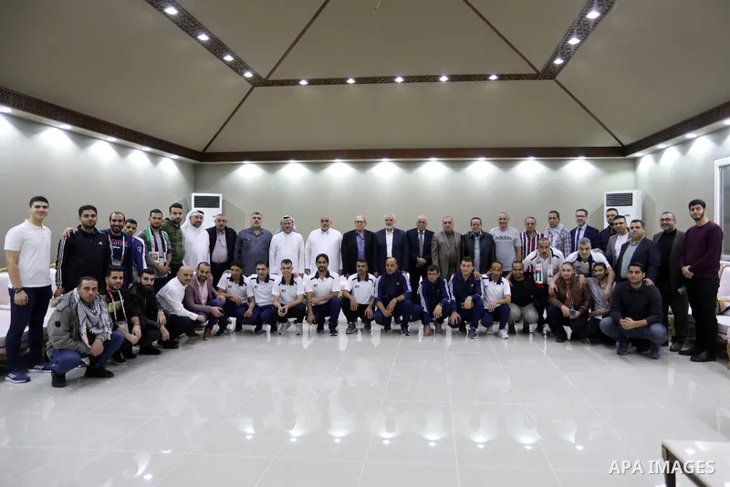 Head of the Political Bureau of Hamas, Ismail Haniyeh, visits the Palestinian sports and media delegation to the World Cup, in Doha, Qatar on December 13, 2022. The 2022 FIFA World Cup is an association football tourname...