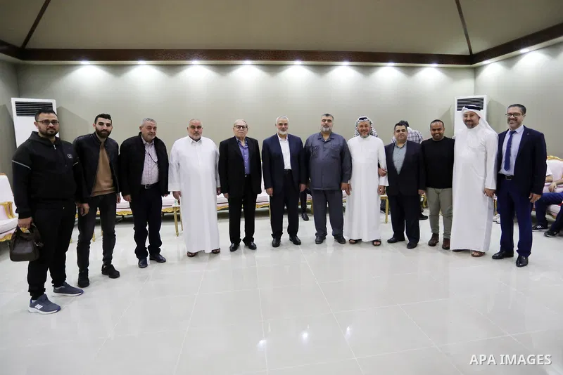 Head of the Political Bureau of Hamas, Ismail Haniyeh, visits the Palestinian sports and media delegation to the World Cup, in Doha, Qatar on December 13, 2022. The 2022 FIFA World Cup is an association football tourname...