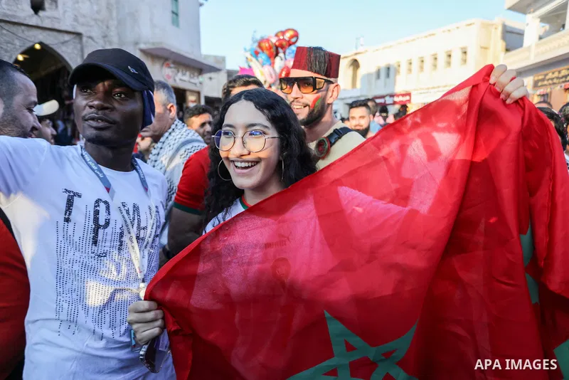 Morocco fans gather at Souq Waqif during the FIFA World Cup Qatar 2022 in Doha, Qatar on December 14, 2022. Photo by Ashraf Amra\ apaimages