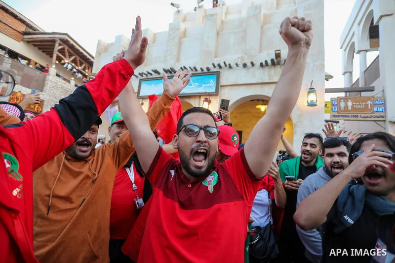 Morocco fans gather at Souq Waqif during the FIFA World Cup Qatar 2022 in Doha, Qatar on December 14, 2022. Photo by Ashraf Amra\ apaimages