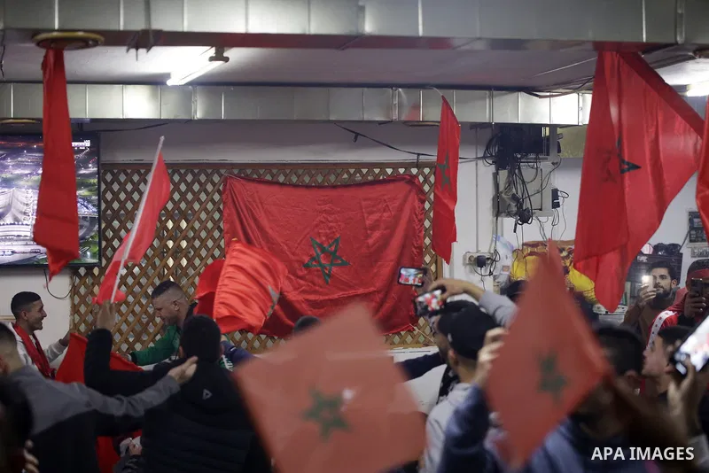 Palestinian fans attend the semi-final match between Morocco and France at the Qatar 2022 World Cup, on December 14, 2022, in Jerusalem. Photo by Saeed Qaq\ apaimages