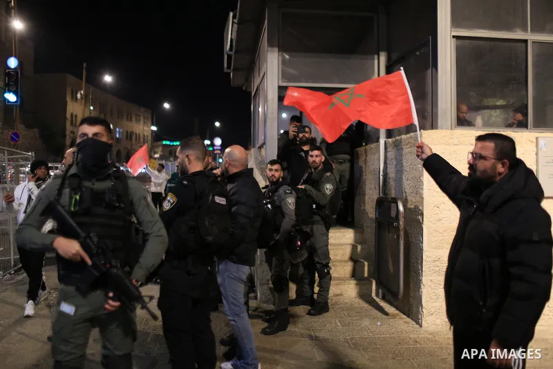 Israeli forces take measures as Palestinian fans gather at the Damascus Gate of the Old City (Bab al-Amud) to show their support for Morocco during the FIFA World Cup Qatar 2022 semi-final match between France and Morocc...