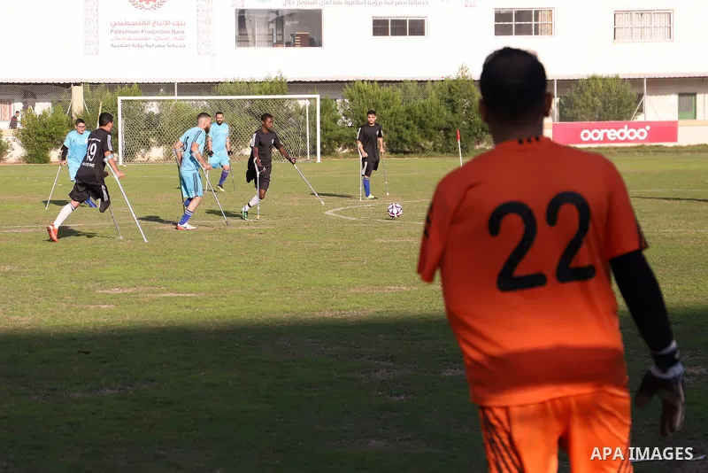 Palestinian players compete during the final of a local football championship for amputees organised by the International Committee of the Red Cross (ICRC), in Gaza City on December 20, 2022. According to The Internation...