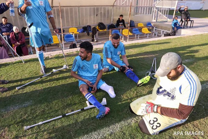 Palestinian players compete during the final of a local football championship for amputees organised by the International Committee of the Red Cross (ICRC), in Gaza City on December 20, 2022. According to The Internation...