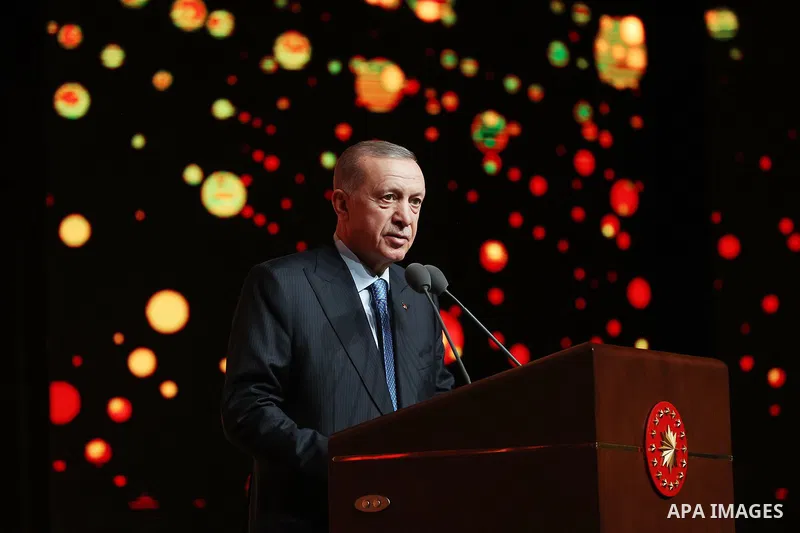 Turkish President Recep Tayyip Erdogan speaks during the Presidential Culture and Arts Grand Awards event in Ankara, Turkiye on December 21, 2022. Photo by Turkish presidency \ apaimages