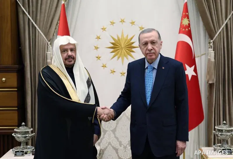 Turkish President Recep Tayyip Erdogan meets with the head of the Saudi Shura Council, Abdullah bin Mohammed bin Ibrahim Al Sheikh in Ankara, on December 26, 2022. Photo by Turkish presidency \ apaimages