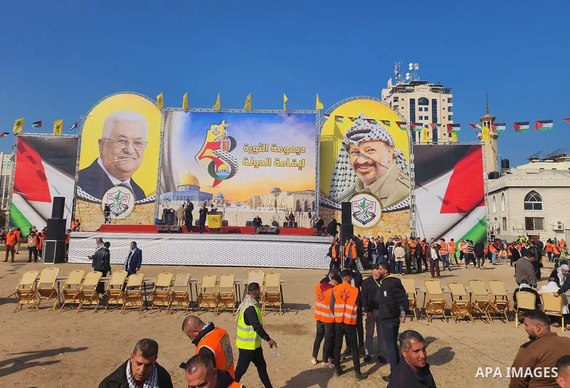 Palestinian supporters of the Fatah movement take part during a rally marking the 58th anniversary of the creation of the political party, in Gaza city, on December 31, 2022. Photo by Ashraf Amra\ apaimages