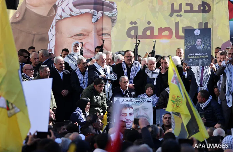 Palestinian Prime Minister Mohammad Shtayyeh attend a rally marking the 58th anniversary of the foundation of Palestinian Fatah movement in the West Bank city of Ramallah, on December 29, 2022. Photo by Shadi Hatem\ apai...
