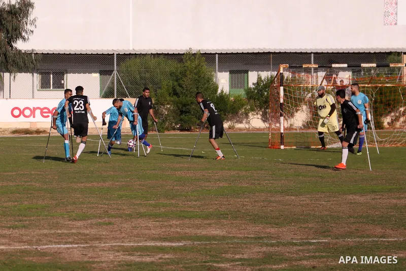 Palestinian players compete during the final of a local football championship for amputees organised by the International Committee of the Red Cross (ICRC), in Gaza City on December 20, 2022. According to The Internation...