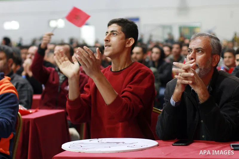 Palestinian fans attend the match between Morocco VS Canada, in the Qatar World Cup FIFA 2022, via a huge screen at a public place in Gaza city on December 1, 2022. The 2022 FIFA World Cup is an association football tour...
