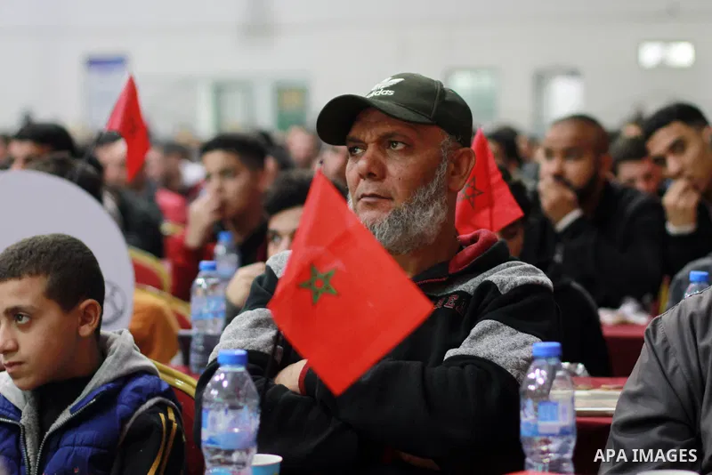 Palestinian fans attend the match between Morocco VS Canada, in the Qatar World Cup FIFA 2022, via a huge screen at a public place in Gaza city on December 1, 2022. The 2022 FIFA World Cup is an association football tour...