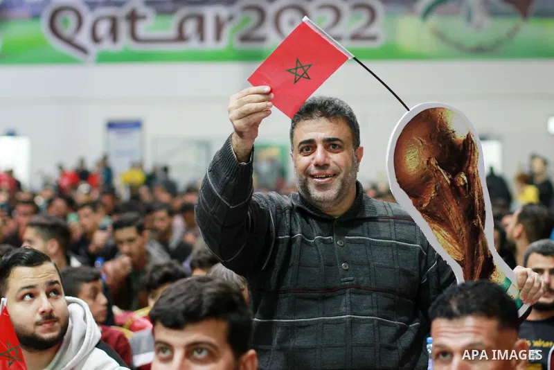 Palestinian fans attend the match between Morocco VS Canada, in the Qatar World Cup FIFA 2022, via a huge screen at a public place in Gaza city on December 1, 2022. The 2022 FIFA World Cup is an association football tour...