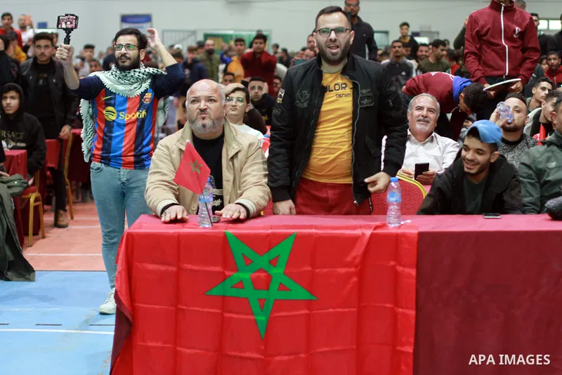Palestinian fans attend the match between Morocco VS Canada, in the Qatar World Cup FIFA 2022, via a huge screen at a public place in Gaza city on December 1, 2022. The 2022 FIFA World Cup is an association football tour...