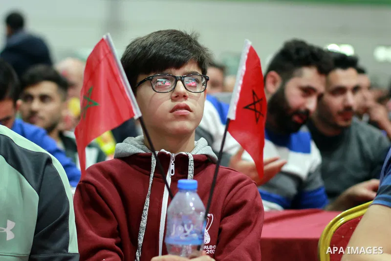 Palestinian fans attend the match between Morocco VS Canada, in the Qatar World Cup FIFA 2022, via a huge screen at a public place in Gaza city on December 1, 2022. The 2022 FIFA World Cup is an association football tour...