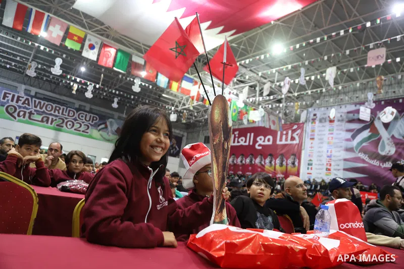 Palestinian fans attend the match between Morocco VS Canada, in the Qatar World Cup FIFA 2022, via a huge screen at a public place in Gaza city on December 1, 2022. The 2022 FIFA World Cup is an association football tour...