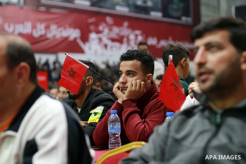 Palestinian fans attend the match between Morocco VS Canada, in the Qatar World Cup FIFA 2022, via a huge screen at a public place in Gaza city on December 1, 2022. The 2022 FIFA World Cup is an association football tour...