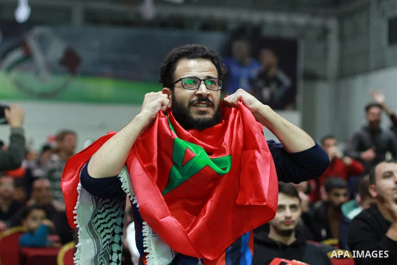 Palestinian fans attend the match between Morocco VS Canada, in the Qatar World Cup FIFA 2022, via a huge screen at a public place in Gaza city on December 1, 2022. The 2022 FIFA World Cup is an association football tour...