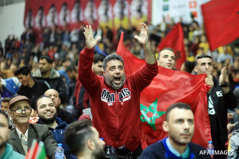 Palestinian fans celebrate after Morocco's victory over Spain in the World Cup in Qatar 2022, in Gaza city on December 6, 2022. Photo by Ali Hamad\ apaimages
