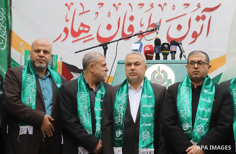 Hamas members attend a press conference to announce the start of the Hamas festival, in front of late Hamas leader Sheikh Ahmed Yassin in Gaza City on December 7, 2022. Photo by Youssef Abu Watfa \ apaimages