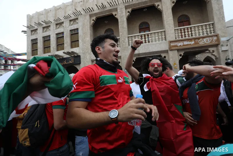 Fans gather in the streets of Doha ahead of the match Morocco vs Portugal in FIFA World Cup, in Doha, Qatar on December 10, 2022. The 2022 FIFA World Cup is an association football tournament, contested by the men's nati...