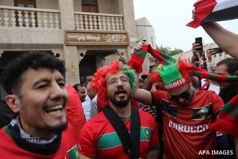 Fans gather in the streets of Doha ahead of the match Morocco vs Portugal in FIFA World Cup, in Doha, Qatar on December 10, 2022. The 2022 FIFA World Cup is an association football tournament, contested by the men's nati...