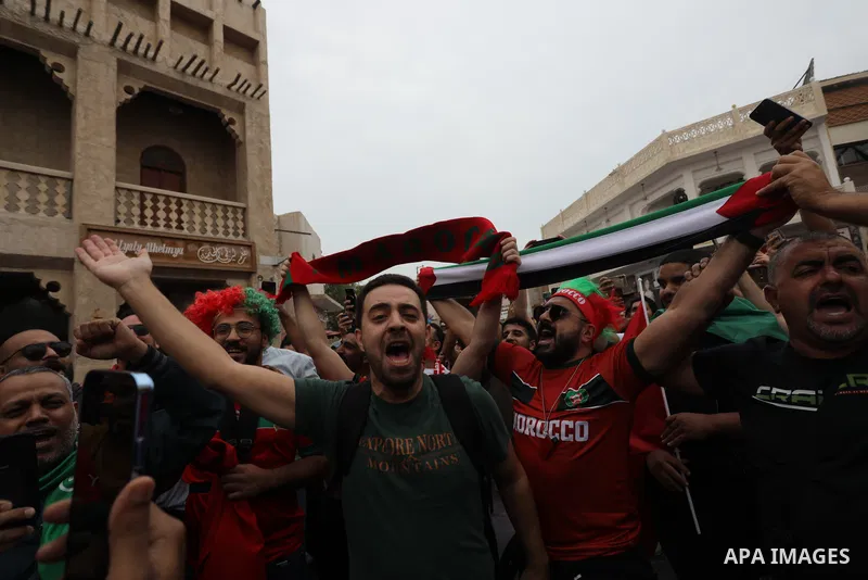 Fans gather in the streets of Doha ahead of the match Morocco vs Portugal in FIFA World Cup, in Doha, Qatar on December 10, 2022. The 2022 FIFA World Cup is an association football tournament, contested by the men's nati...