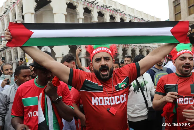 Fans gather in the streets of Doha ahead of the match Morocco vs Portugal in FIFA World Cup, in Doha, Qatar on December 10, 2022. The 2022 FIFA World Cup is an association football tournament, contested by the men's nati...