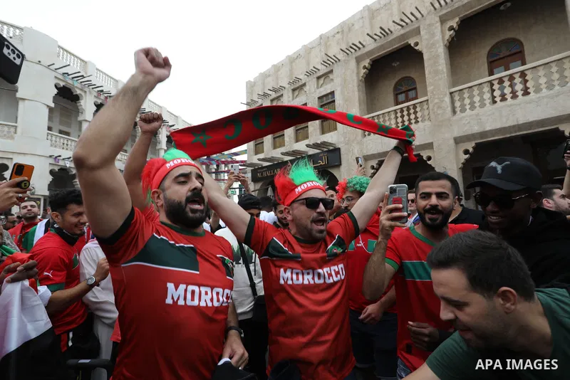 Fans gather in the streets of Doha ahead of the match Morocco vs Portugal in FIFA World Cup, in Doha, Qatar on December 10, 2022. The 2022 FIFA World Cup is an association football tournament, contested by the men's nati...