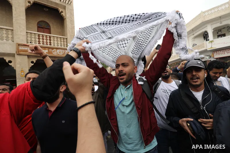 Fans gather in the streets of Doha ahead of the match Morocco vs Portugal in FIFA World Cup, in Doha, Qatar on December 10, 2022. The 2022 FIFA World Cup is an association football tournament, contested by the men's nati...