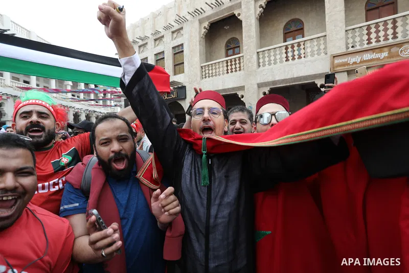 Fans gather in the streets of Doha ahead of the match Morocco vs Portugal in FIFA World Cup, in Doha, Qatar on December 10, 2022. The 2022 FIFA World Cup is an association football tournament, contested by the men's nati...