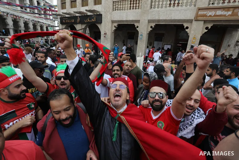 Fans gather in the streets of Doha ahead of the match Morocco vs Portugal in FIFA World Cup, in Doha, Qatar on December 10, 2022. The 2022 FIFA World Cup is an association football tournament, contested by the men's nati...