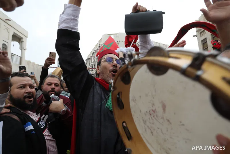 Fans gather in the streets of Doha ahead of the match Morocco vs Portugal in FIFA World Cup, in Doha, Qatar on December 10, 2022. The 2022 FIFA World Cup is an association football tournament, contested by the men's nati...