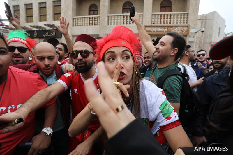 Fans gather in the streets of Doha ahead of the match Morocco vs Portugal in FIFA World Cup, in Doha, Qatar on December 10, 2022. The 2022 FIFA World Cup is an association football tournament, contested by the men's nati...