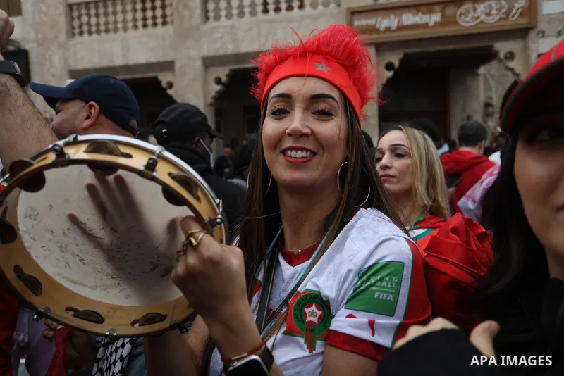 Fans gather in the streets of Doha ahead of the match Morocco vs Portugal in FIFA World Cup, in Doha, Qatar on December 10, 2022. The 2022 FIFA World Cup is an association football tournament, contested by the men's nati...