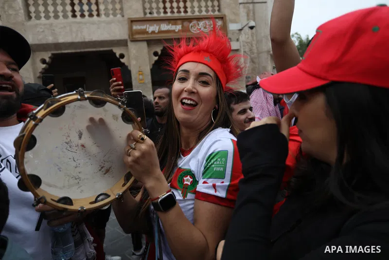 Fans gather in the streets of Doha ahead of the match Morocco vs Portugal in FIFA World Cup, in Doha, Qatar on December 10, 2022. The 2022 FIFA World Cup is an association football tournament, contested by the men's nati...