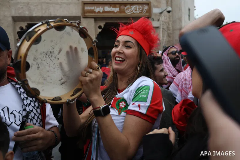 Fans gather in the streets of Doha ahead of the match Morocco vs Portugal in FIFA World Cup, in Doha, Qatar on December 10, 2022. The 2022 FIFA World Cup is an association football tournament, contested by the men's nati...