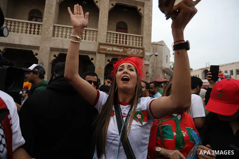Fans gather in the streets of Doha ahead of the match Morocco vs Portugal in FIFA World Cup, in Doha, Qatar on December 10, 2022. The 2022 FIFA World Cup is an association football tournament, contested by the men's nati...