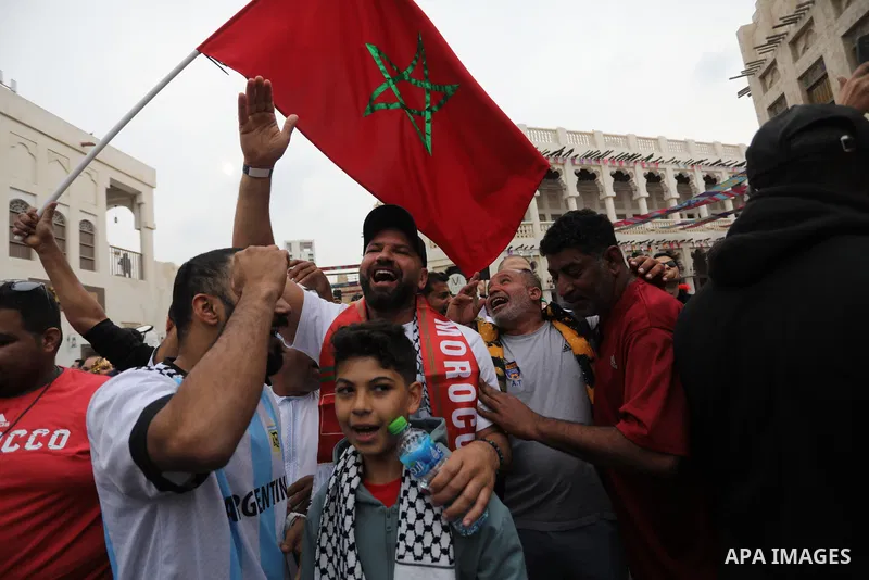 Fans gather in the streets of Doha ahead of the match Morocco vs Portugal in FIFA World Cup, in Doha, Qatar on December 10, 2022. The 2022 FIFA World Cup is an association football tournament, contested by the men's nati...