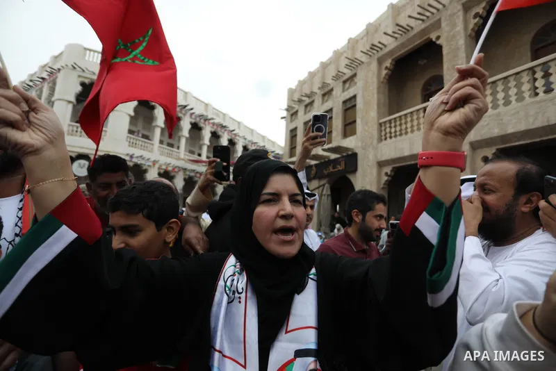 Fans gather in the streets of Doha ahead of the match Morocco vs Portugal in FIFA World Cup, in Doha, Qatar on December 10, 2022. The 2022 FIFA World Cup is an association football tournament, contested by the men's nati...