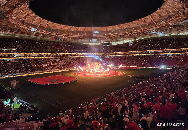 Fans cheer in the stadium during Morocco vs Portugal match in FIFA World Cup, in Doha, Qatar on December 10, 2022. The 2022 FIFA World Cup is an association football tournament, contested by the men's national teams of F...