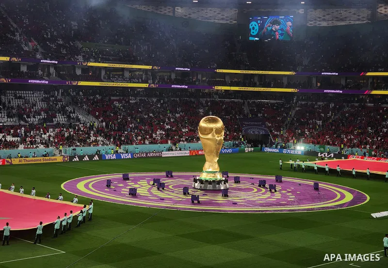 Fans cheer in the stadium during Morocco vs Portugal match in FIFA World Cup, in Doha, Qatar on December 10, 2022. The 2022 FIFA World Cup is an association football tournament, contested by the men's national teams of F...