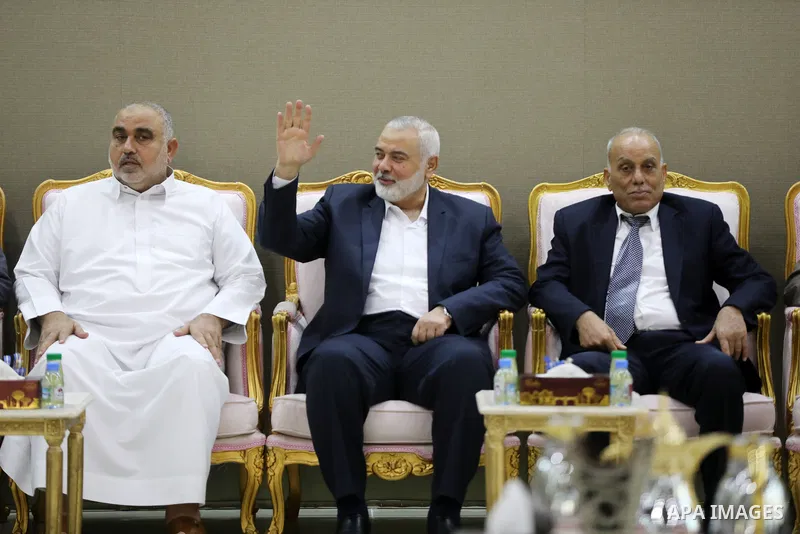Head of the Political Bureau of Hamas, Ismail Haniyeh, visits the Palestinian sports and media delegation to the World Cup, in Doha, Qatar on December 13, 2022. The 2022 FIFA World Cup is an association football tourname...
