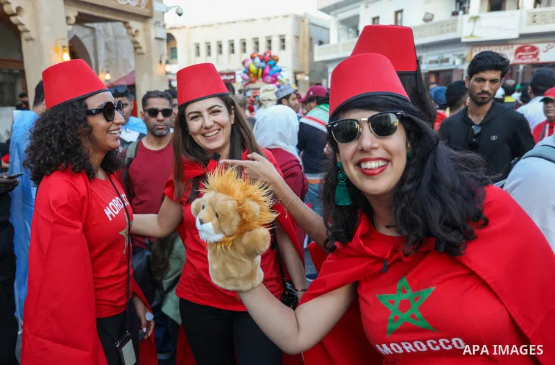 Morocco fans gather at Souq Waqif during the FIFA World Cup Qatar 2022 in Doha, Qatar on December 14, 2022. Photo by Ashraf Amra\ apaimages