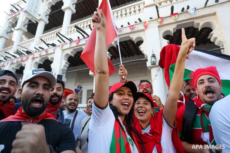Morocco fans gather at Souq Waqif during the FIFA World Cup Qatar 2022 in Doha, Qatar on December 14, 2022. Photo by Ashraf Amra\ apaimages