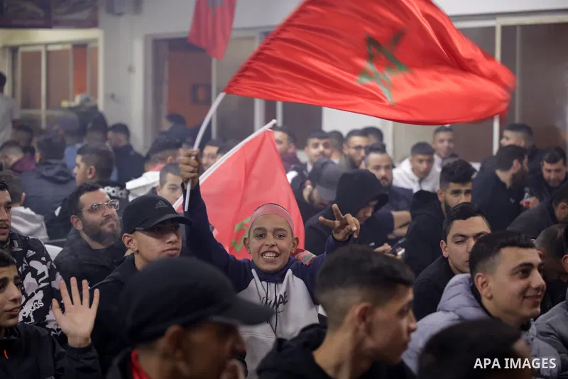 Palestinian fans attend the semi-final match between Morocco and France at the Qatar 2022 World Cup, on December 14, 2022, in Jerusalem. Photo by Saeed Qaq\ apaimages