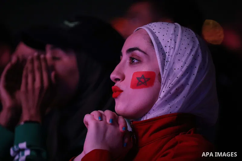 Fans attend on a huge screen the semi-final match between Morocco and France on the Doha Corniche on December 14, 2022. The 2022 FIFA World Cup is an association football tournament, contested by the men's national teams...