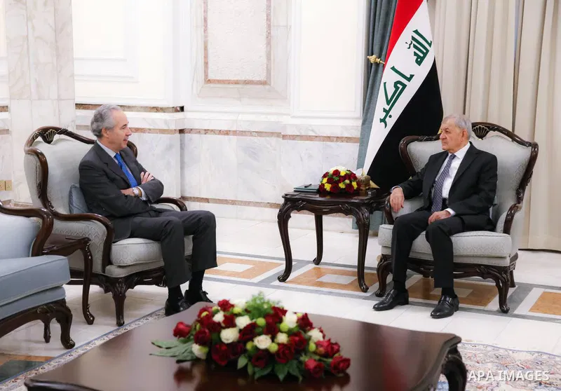 Iraqi President Abdul Latif Rashid receives the Ambassador of the Kingdom of Spain, Pedro Martinez, in Baghdad on November 30, 2022. Photo by Iraqi Presidency Office/APAimages
