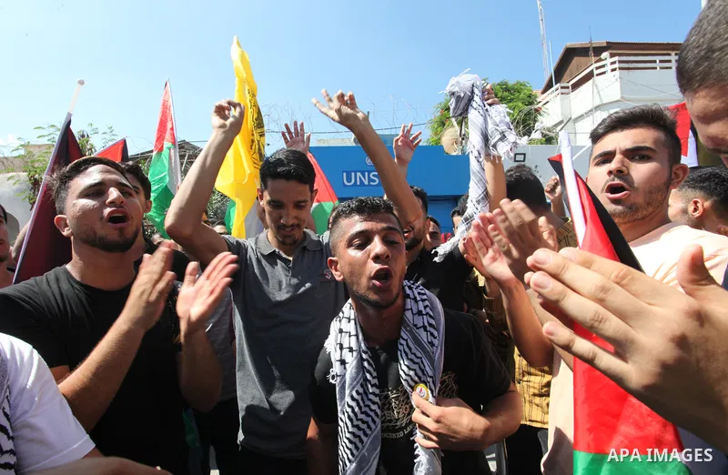 Palestinians take part in a protest in solidarity with prisoner in Israeli jails suffering from cancer Nasser Abu Hamid, in front of UNESCO office, in Gaza city on September 15, 2022. As cancer-stricken prisoner Nasser A...