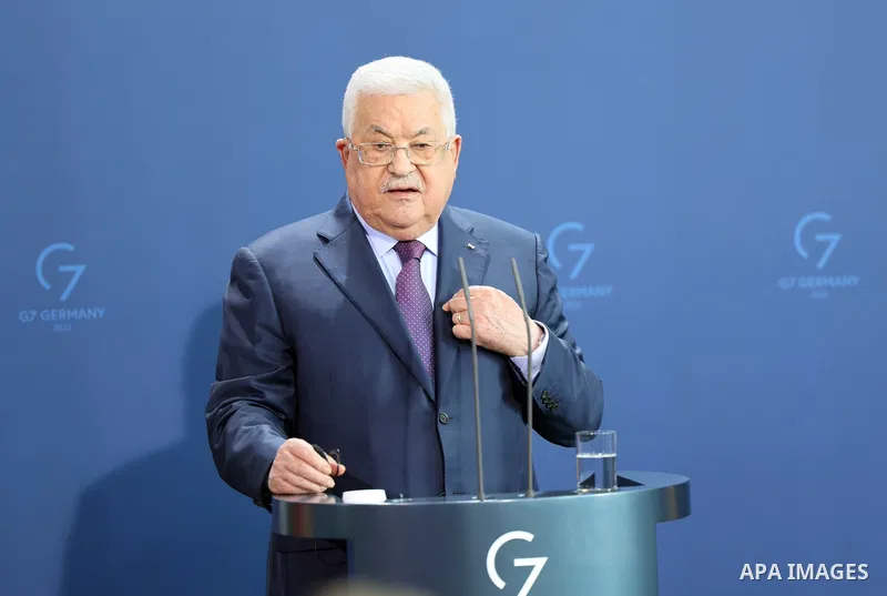 Palestinian President Mahmoud speaks during a joint press conference with German Chancellor Olaf Scholz, in Berlin on August 16, 2022. Photo by Thaer Ganaim