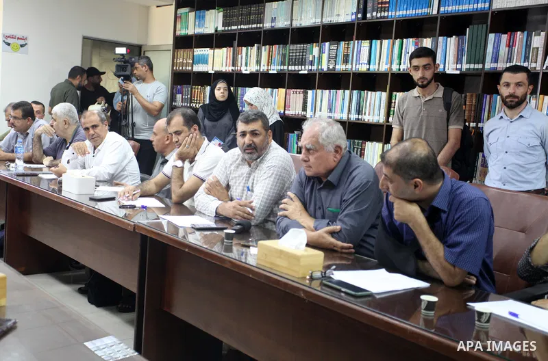 Palestinians attend a meeting on solidarity with prisoners in Israeli Jails in Gaza city on August 28, 2022. Palestinian freedom incarcerated in Israeli prisons dissolved today their representative bodies in all the pris...
